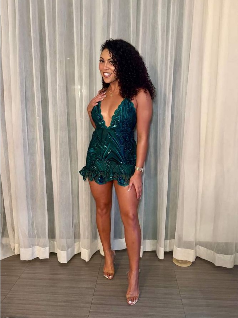 Pretty little thing emerald green sequence lace frill hem bodycom dress size 8